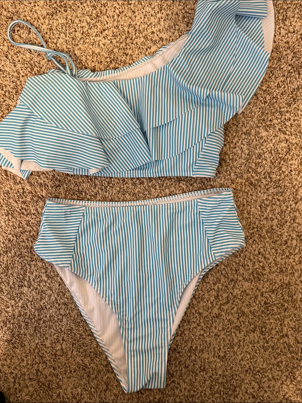 SHEIN Light Blue & White Striped Ruffle One-Shoulder Bikini